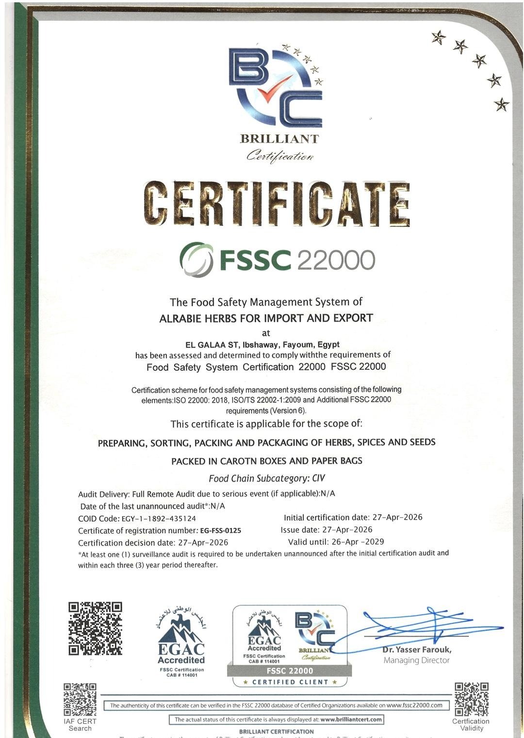 ISO 22000 Certificate